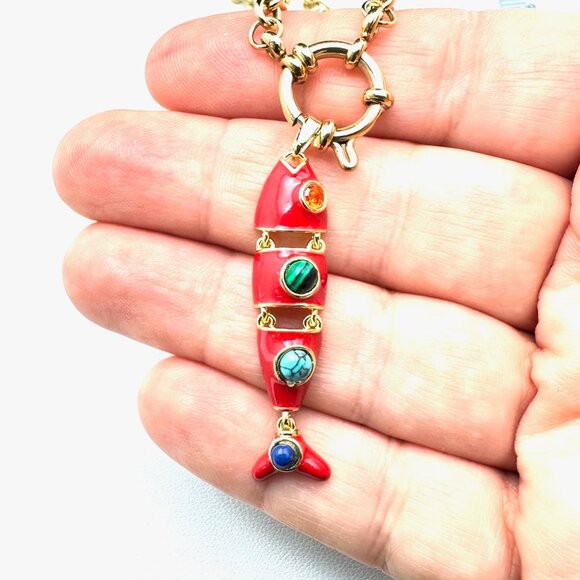 Multi-Gemstone Red Enamel Fish Pendant Necklace 18K Gold Plated Chain 17 Inch - Picture 8 of 9